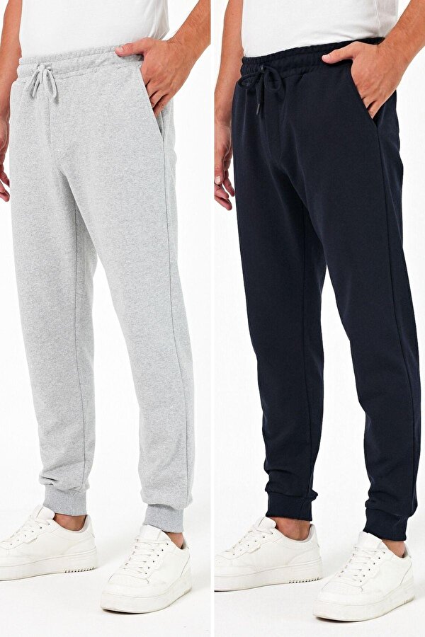 Kalın Siyah-Antrasit Erkek 2 li Eşofman Altı Jogger Arka Cepli Paça Lastikli Regular Fit Şardonsuz