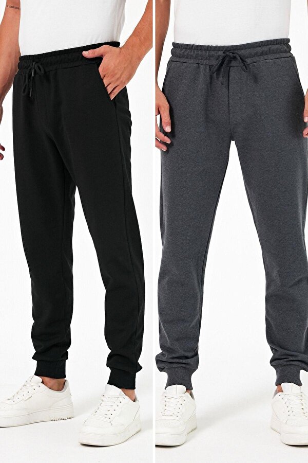 Kalın Siyah-Antrasit Erkek 2 li Eşofman Altı Jogger Arka Cepli Paça Lastikli Regular Fit Şardonsuz