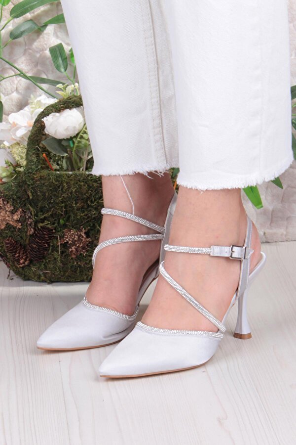 35691 Saten Biye Taşlı Topuklu Abiye Ayakkabı Kadın Ayakkabı