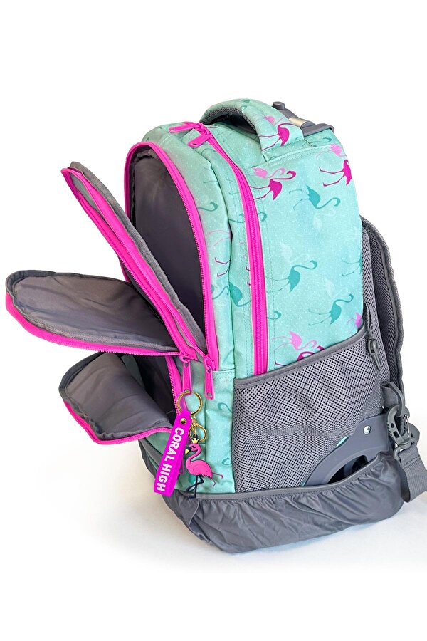 Kids Su Yeşili Flamingo Desenli Çekçekli 3 lü Çanta Seti SET0124022