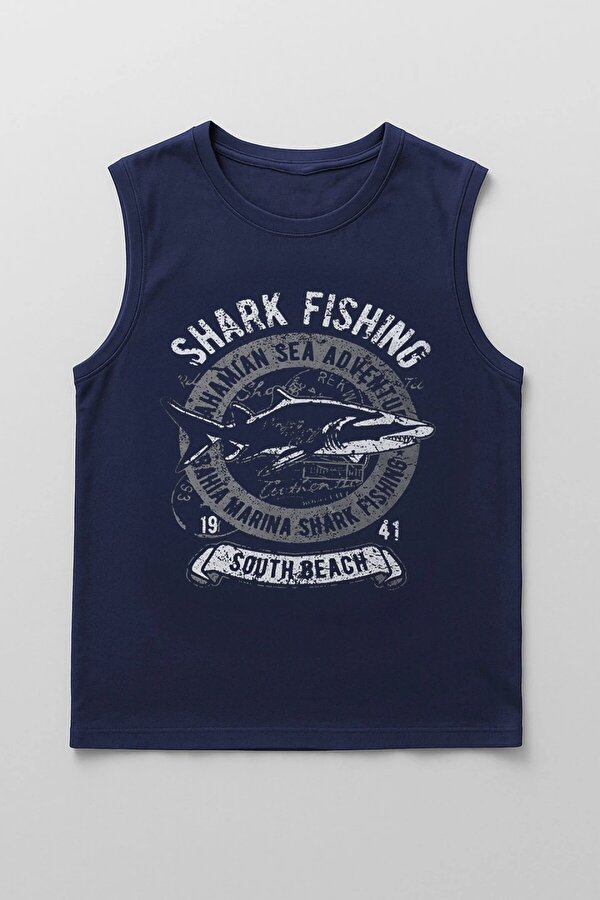 Erkek %100 Pamuk Bisiklet Yaka Shark Baskılı Kolsuz T-shirt