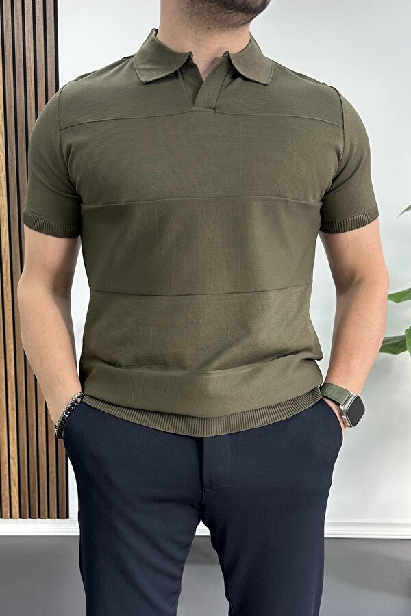 Erkek Açık Yaka Bloklu Tişört Haki Edw237