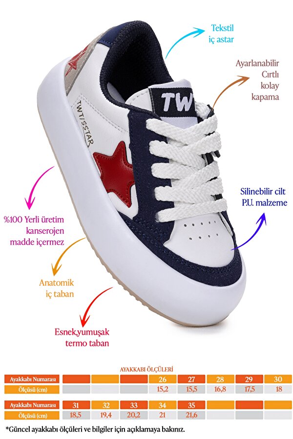 Rida Günlük Cırtlı Bağcıklı Erkek Çocuk Spor Ayakkabı Beyaz - Lacivert - Kırmızı