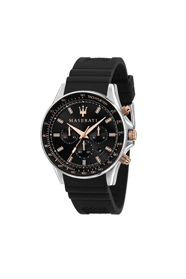 R8871640002 Çelik Kronograf Tachymeter 10 Atm Su Geçirmez İtalyan Dizayn Takvimli Vidalı Tepe Silikon Kordonlu Siyah Renk Erkek Kol Saati