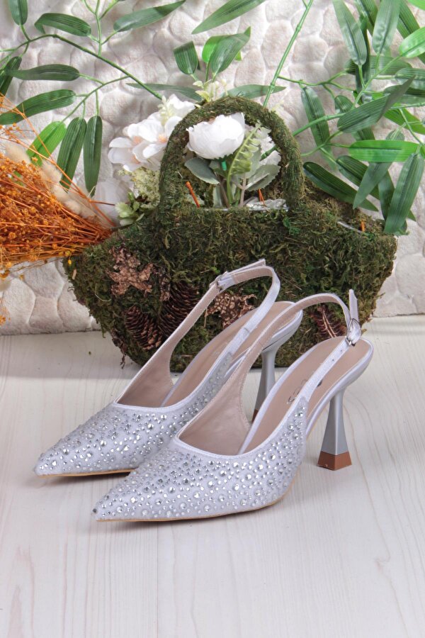 042-363 Fls Taş Baskılı Önü Kapalı Arkası Açık Topuklu Kadın Ayakkabı