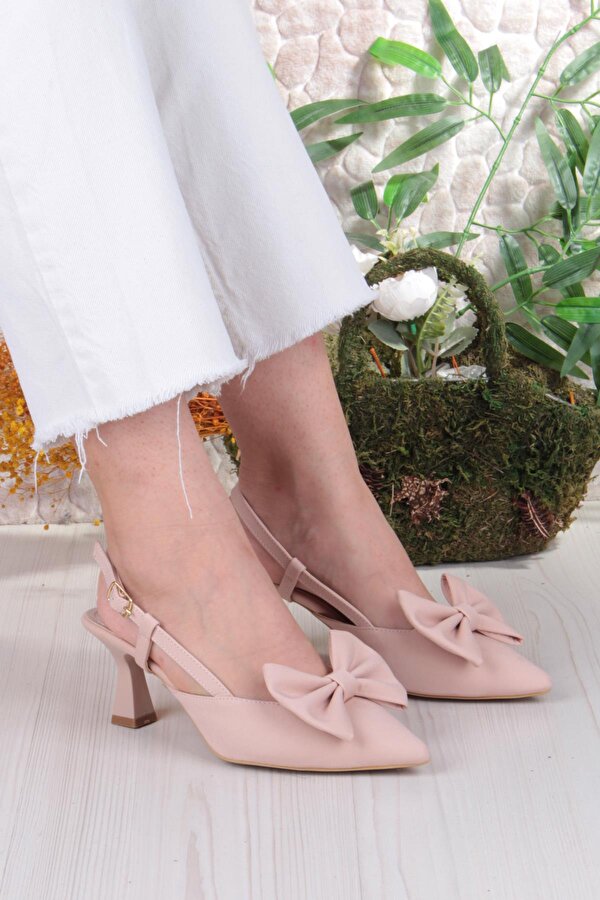 018-407 Fls Saten Önü Kapalı Fiyonklu Arkası Açık Topuklu Ayakkabı