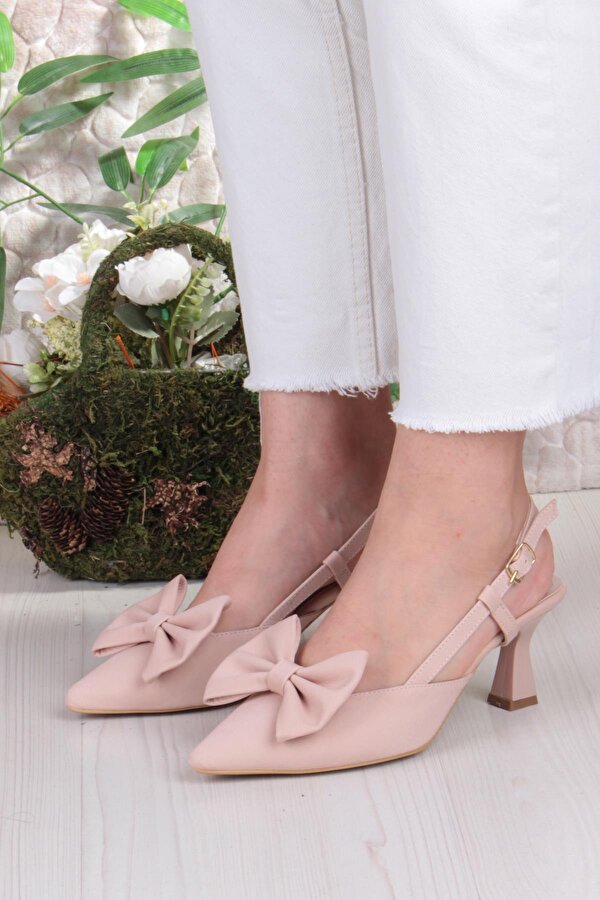 018-407 Fls Saten Önü Kapalı Fiyonklu Arkası Açık Topuklu Ayakkabı