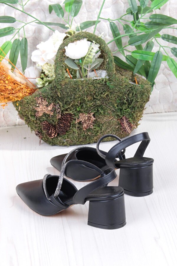 110-473 Fls Biye Taşlı Arkası Açık Klasik Topuklu Kadın Ayakkabı