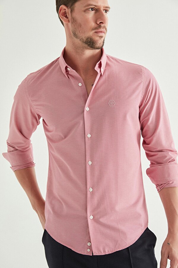 Ds Damat Slim Fit Fuşya Pötikare Gömlek