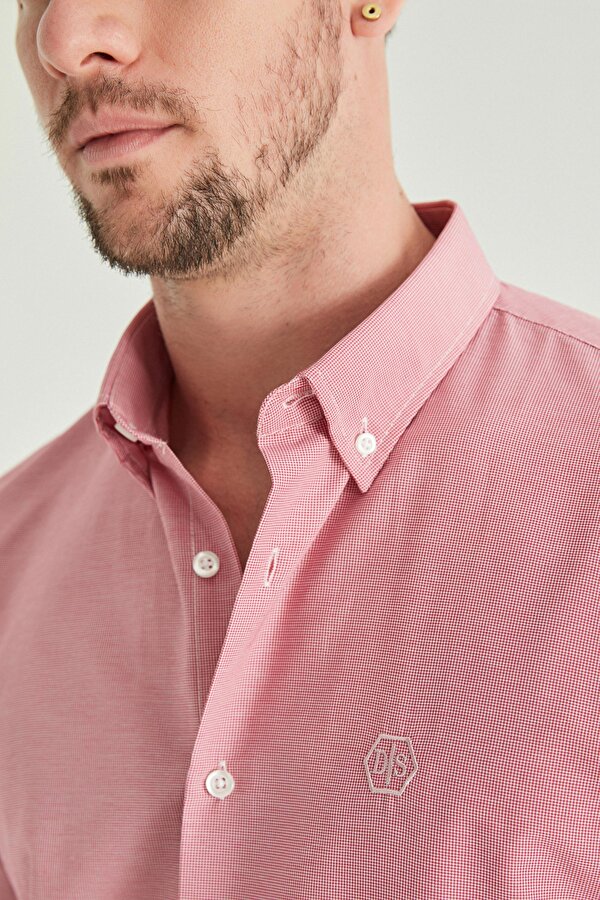 Ds Damat Slim Fit Fuşya Pötikare Gömlek