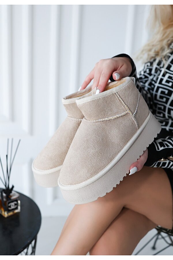 Bej Süet Yüksek Taban Kadın Düz Bot