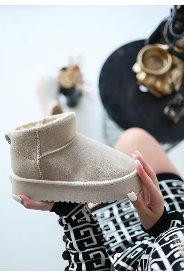 Bej Süet Yüksek Taban Kadın Düz Bot