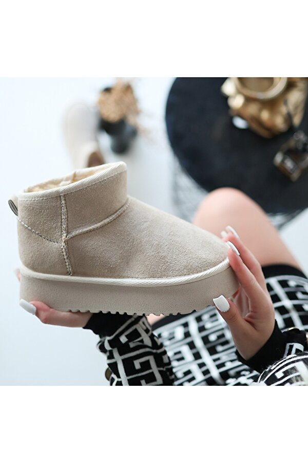 Bej Süet Yüksek Taban Kadın Düz Bot