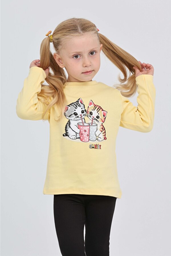 Toontoy Kız Çocuk İkili Kedi Baskılı Sweatshirt