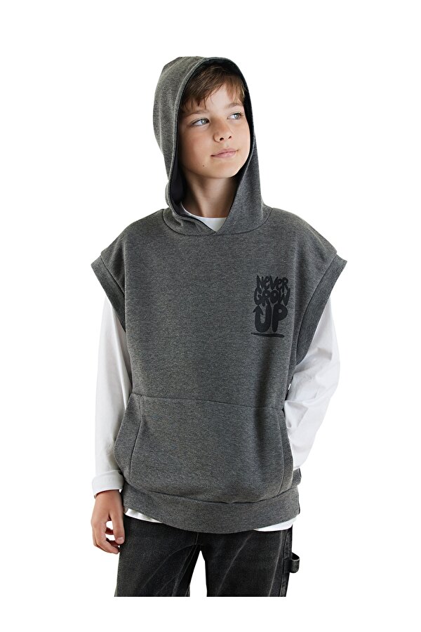 Erkek Çocuk Kapüşonlu Kolsuz Gri Sweatshirt