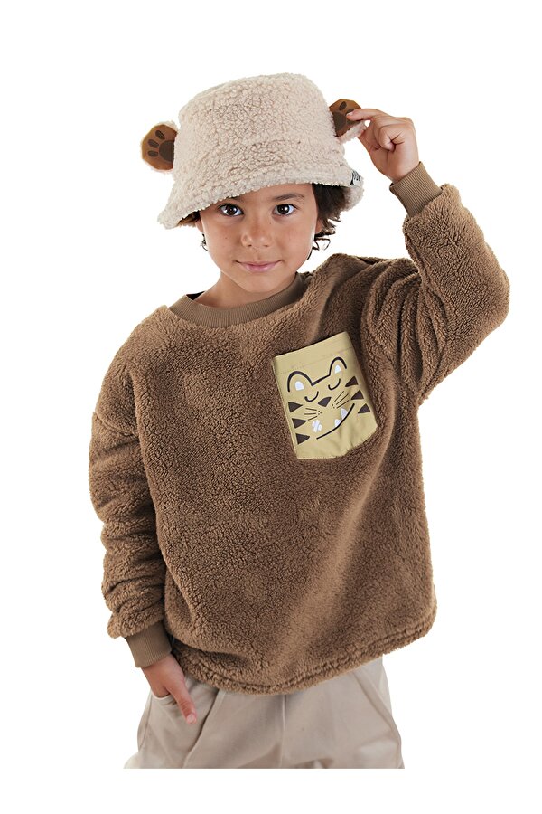 Kaplan Oversize Erkek Çocuk Kahverengi Peluş Sweatshirt
