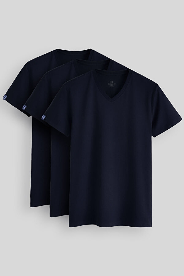 Standart Fit Basic V Yaka  3lü Paket Lacivert Erkek T-Shirt  87912