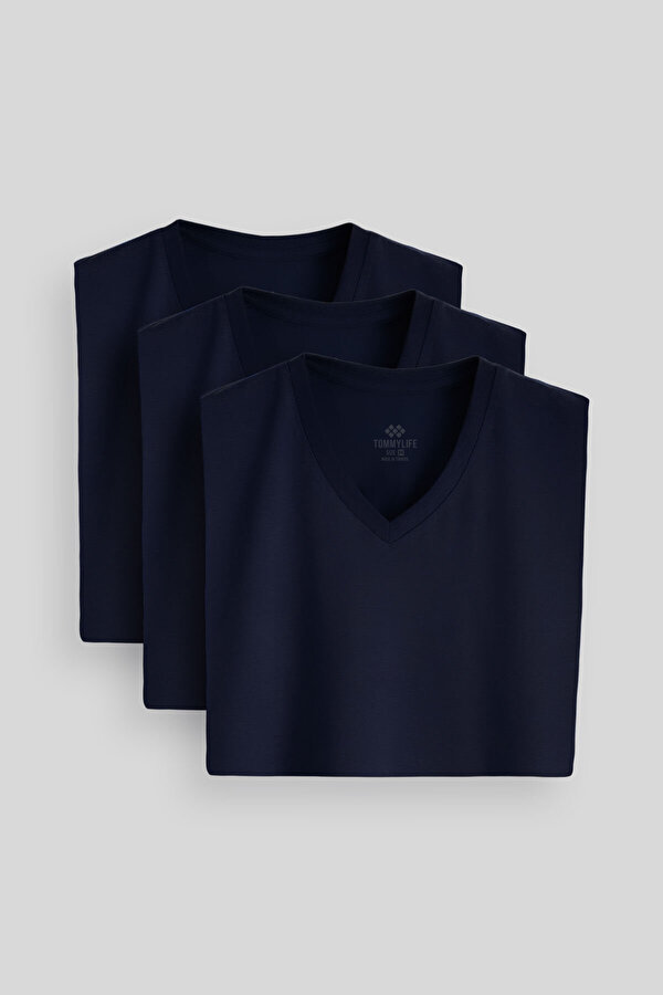 Standart Fit Basic V Yaka  3lü Paket Lacivert Erkek T-Shirt  87912