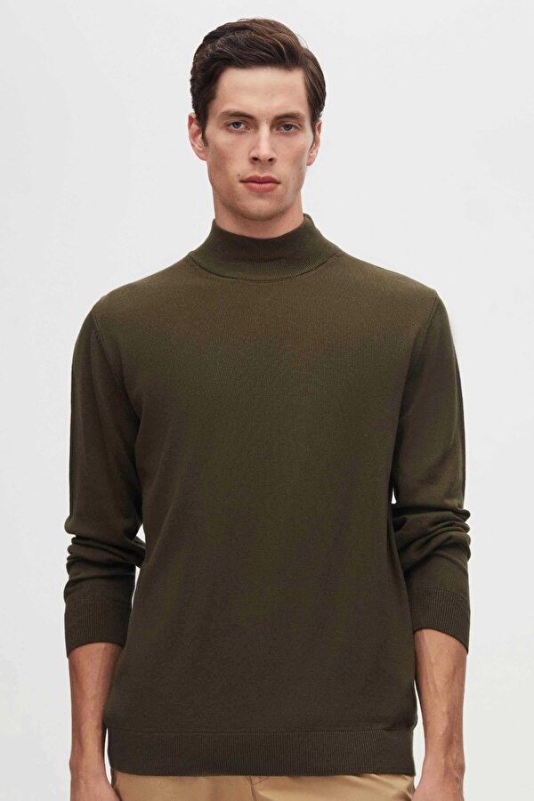 Ds Damat Regular Fit Haki Pamuk Karışımlı Yarım Balıkçı Triko Kazak