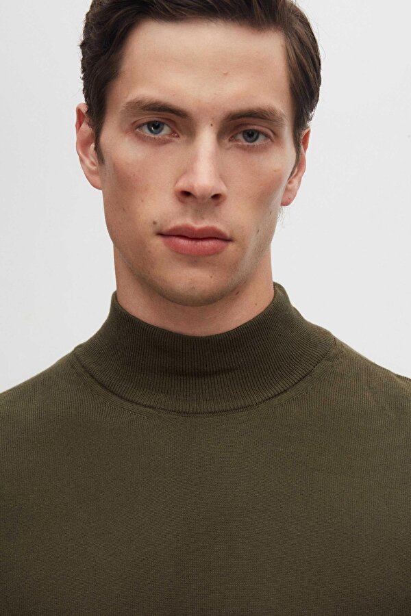 Ds Damat Regular Fit Haki Pamuk Karışımlı Yarım Balıkçı Triko Kazak