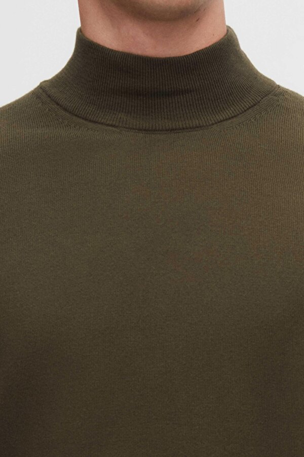 Ds Damat Regular Fit Haki Pamuk Karışımlı Yarım Balıkçı Triko Kazak