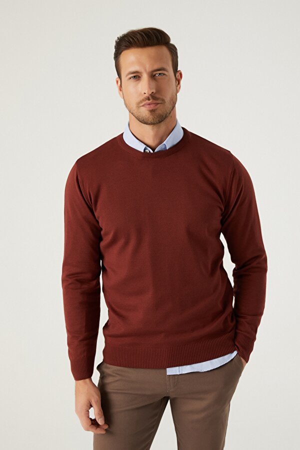 Ds Damat Regular Fit Kiremit Tüylenme Yapmayan Bisiklet Yaka Pamuklu Triko Kazak