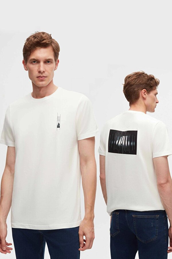 Regular Fit Beyaz Baskılı %100 Pamuk T-Shirt