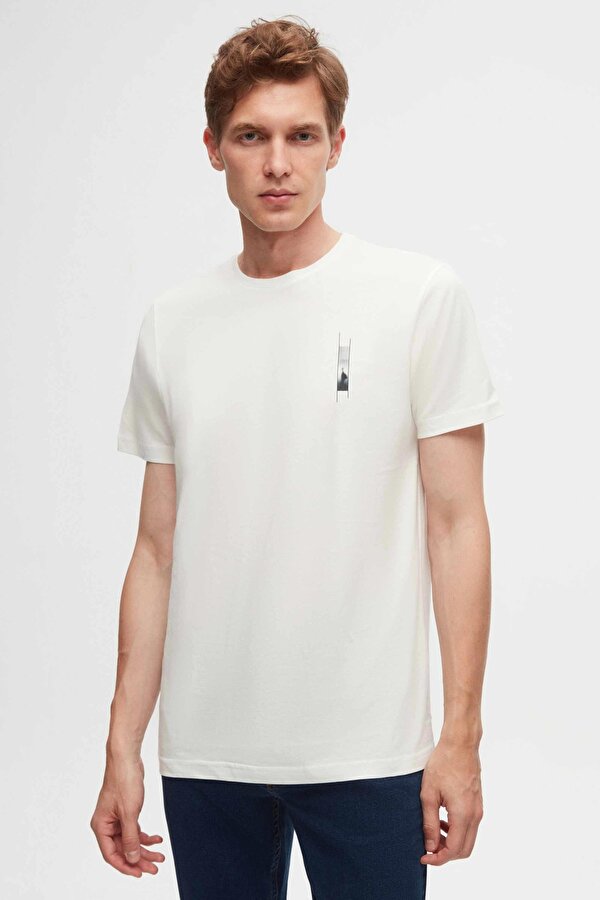 Regular Fit Beyaz Baskılı %100 Pamuk T-Shirt