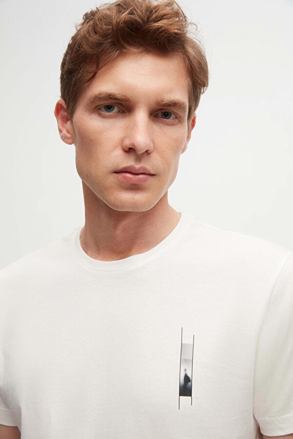 Regular Fit Beyaz Baskılı %100 Pamuk T-Shirt