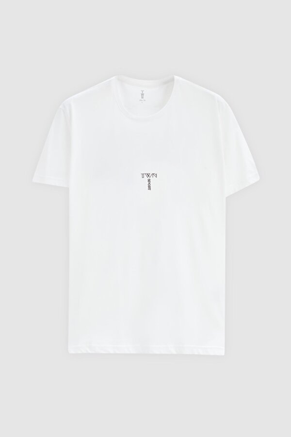 Regular Fit Beyaz Baskılı %100 Pamuk T-Shirt