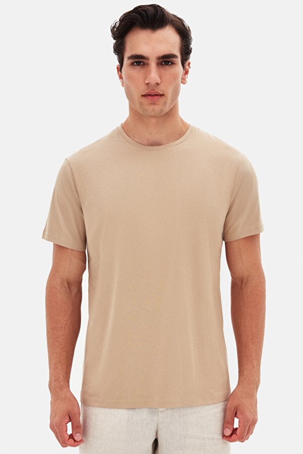 Ds Damat Slim Fit Bej Bisiklet Yaka %100 Pamuklu Nefes Alabilen T-Shirt