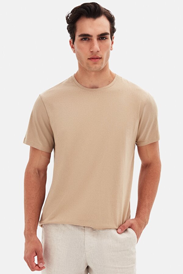 Ds Damat Slim Fit Bej Bisiklet Yaka %100 Pamuklu Nefes Alabilen T-Shirt