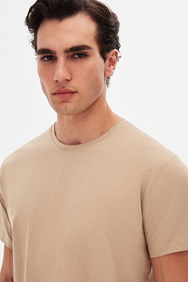 Ds Damat Slim Fit Bej Bisiklet Yaka %100 Pamuklu Nefes Alabilen T-Shirt