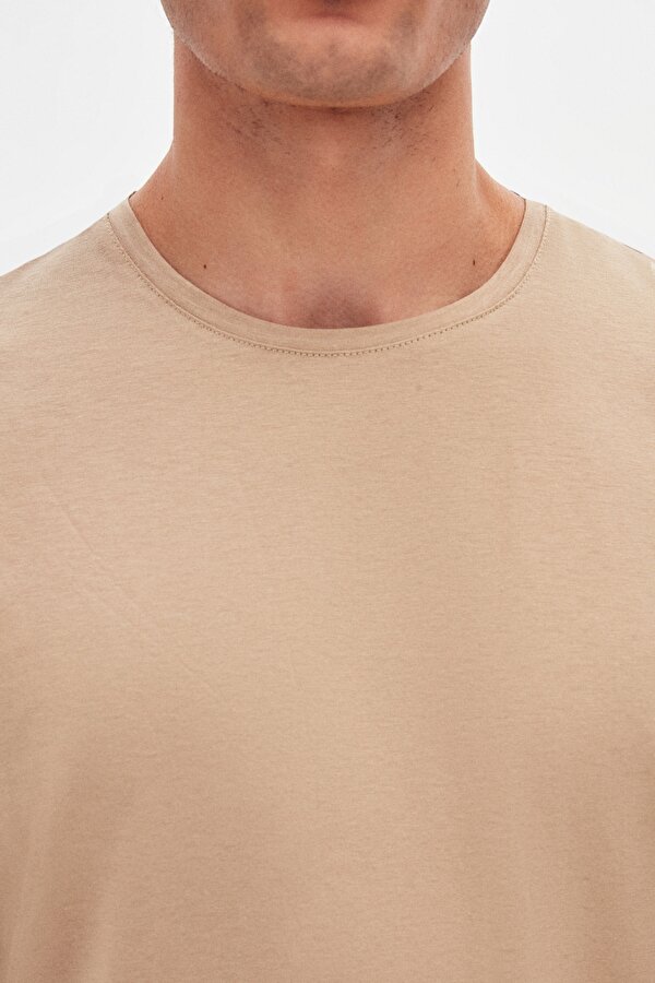 Ds Damat Slim Fit Bej Bisiklet Yaka %100 Pamuklu Nefes Alabilen T-Shirt