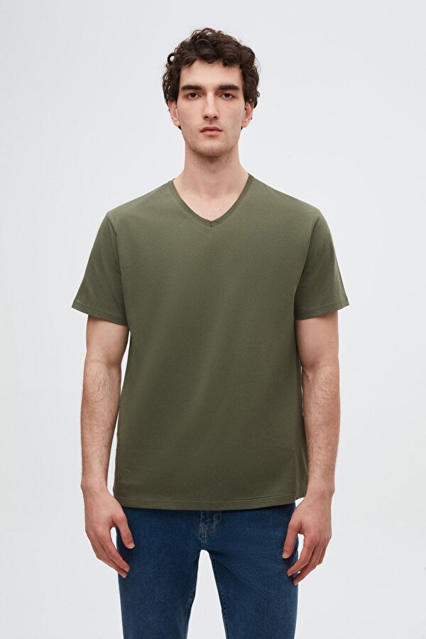 Ds Damat Slim Fit Haki V Yaka %100 Pamuk T-Shirt