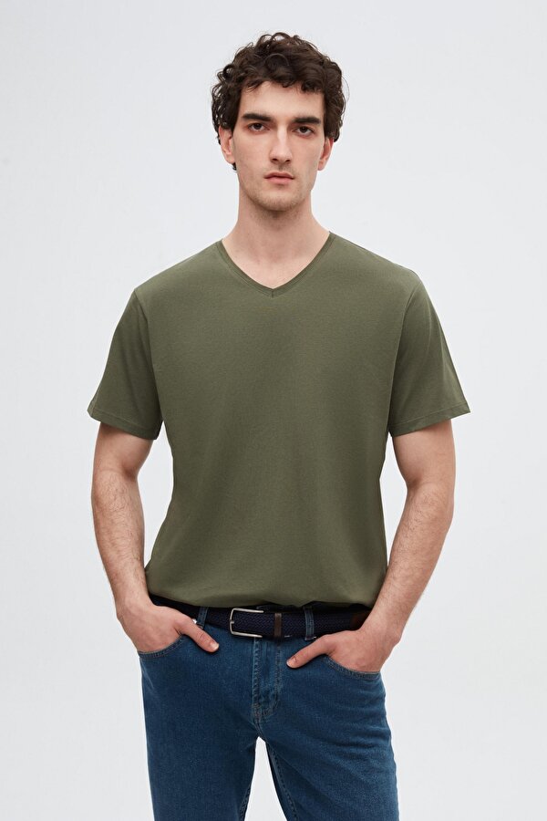 Ds Damat Slim Fit Haki V Yaka %100 Pamuk T-Shirt