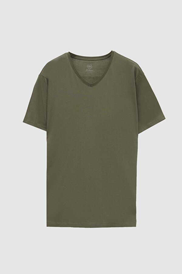 Ds Damat Slim Fit Haki V Yaka %100 Pamuk T-Shirt