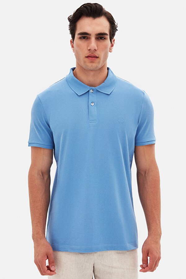 Ds Damat Regular Fit Açık İndigo %100 Pamuklu Uzun Ömürlü Kıvrılmaz Polo Yaka Nakışlı T-Shirt