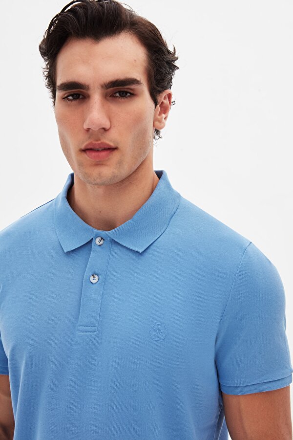 Ds Damat Regular Fit Açık İndigo %100 Pamuklu Uzun Ömürlü Kıvrılmaz Polo Yaka Nakışlı T-Shirt