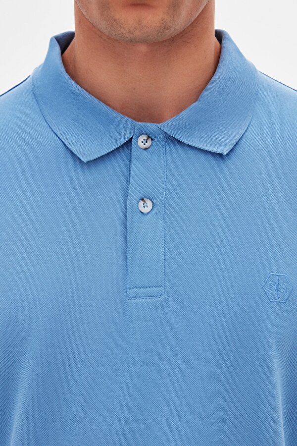 Ds Damat Regular Fit Açık İndigo %100 Pamuklu Uzun Ömürlü Kıvrılmaz Polo Yaka Nakışlı T-Shirt
