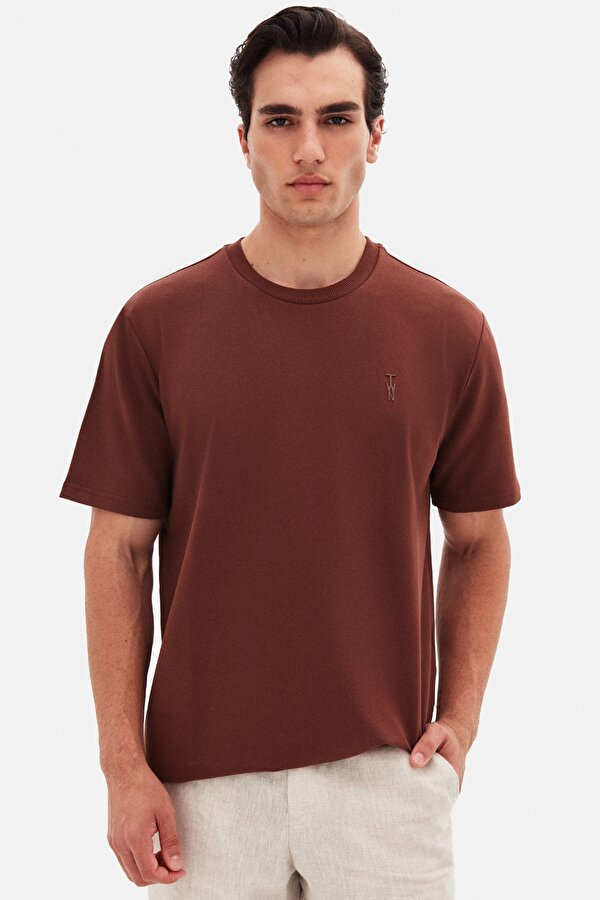 Slim Fit Kahverengi Baskılı T-Shirt
