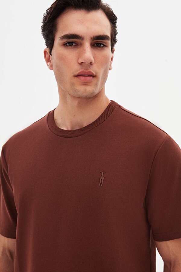 Slim Fit Kahverengi Baskılı T-Shirt