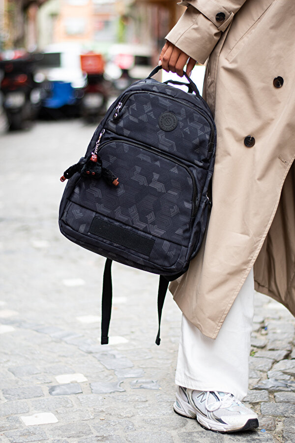 Sn-3005 Krinkıl Unisex Sırt Çantası Okul Çantası laptop bölmeli SİYAH-SİYAH BASKILI