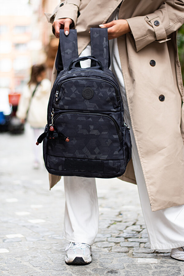 Sn-3005 Krinkıl Unisex Sırt Çantası Okul Çantası laptop bölmeli SİYAH-SİYAH BASKILI