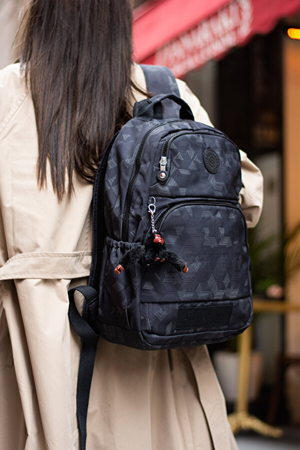 Sn-3005 Krinkıl Unisex Sırt Çantası Okul Çantası laptop bölmeli SİYAH-SİYAH BASKILI