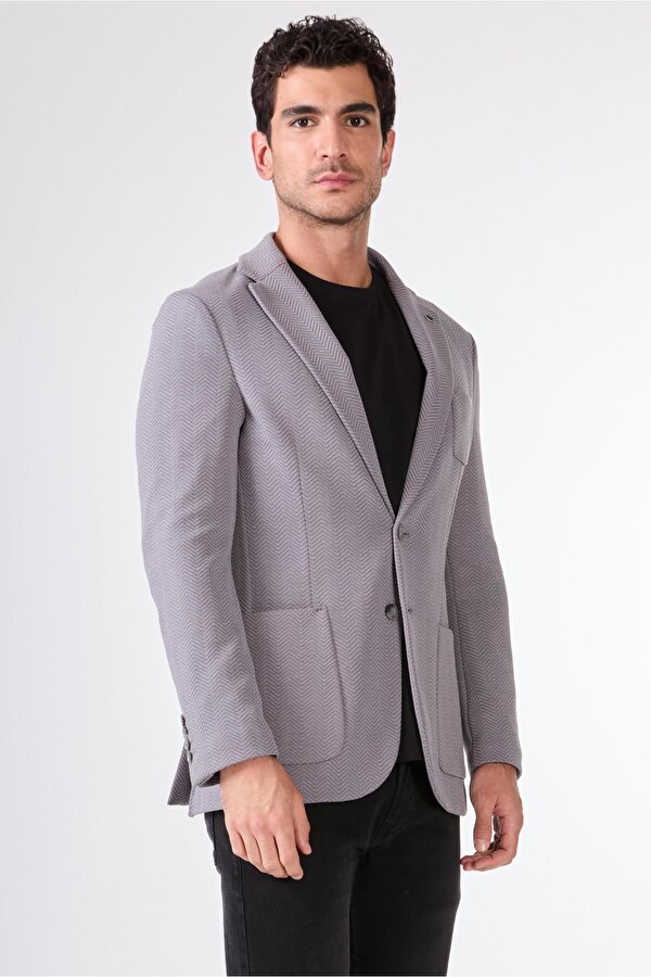 Gri Erkek Slim Fit Balıksırtı Desenli Mono Yaka Ceket
