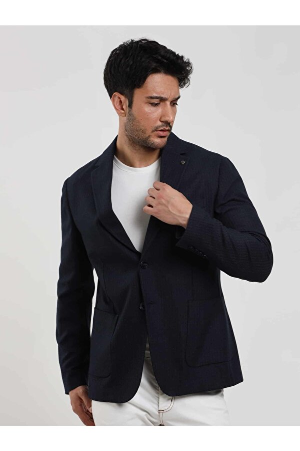 Lacivert Erkek Slim Fit Çizgili Casual Mono Yaka Ceket