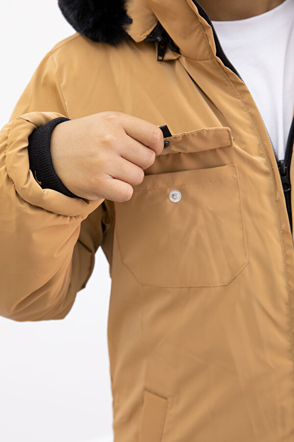 Hardal Çıtçıtlı Göğüs Cepli İçi Kürklü Erkek Çocuk Kapüşonlu Mont 21351