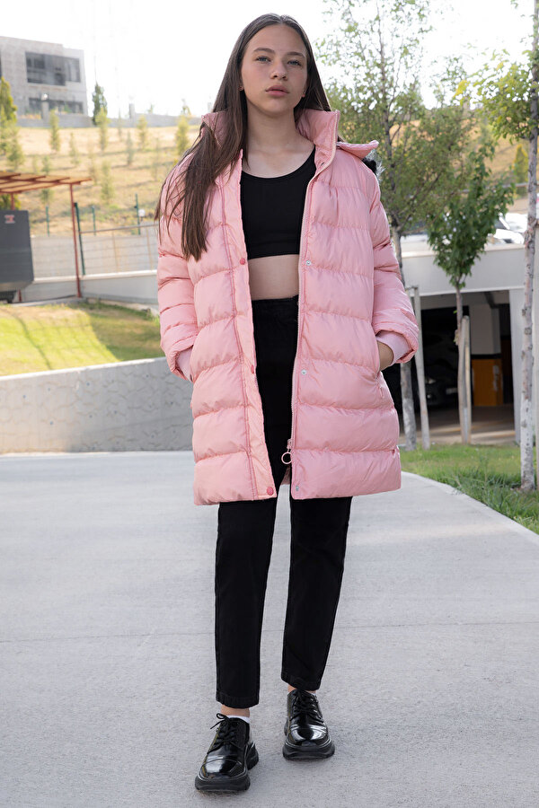 Somon İçi Kürklü Çıtçıtlı Kapüşonlu Kız Çocuk Şişme Mont 21320