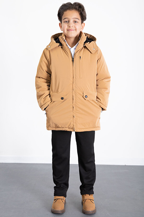 Hardal Fermuarlı Göğüs Cepli İçi Kürklü Erkek Çocuk Kapüşonlu Mont 21357